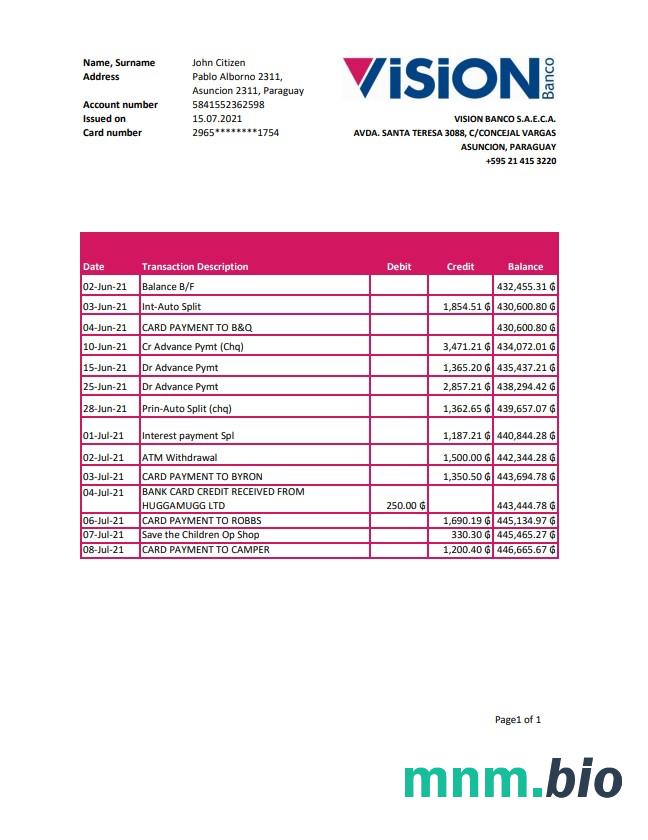 Szablon wyciągu bankowego Paragwaj Vision Banco w programie Word i PDF